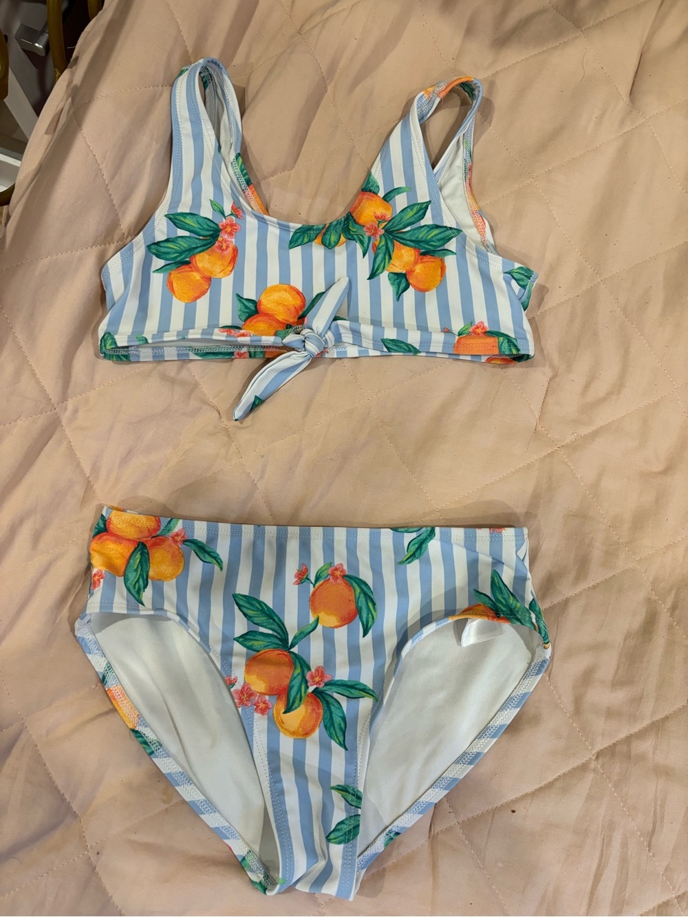 SHEIN Light Blue & White Striped Girls Bikini with Orange Fruit Print
